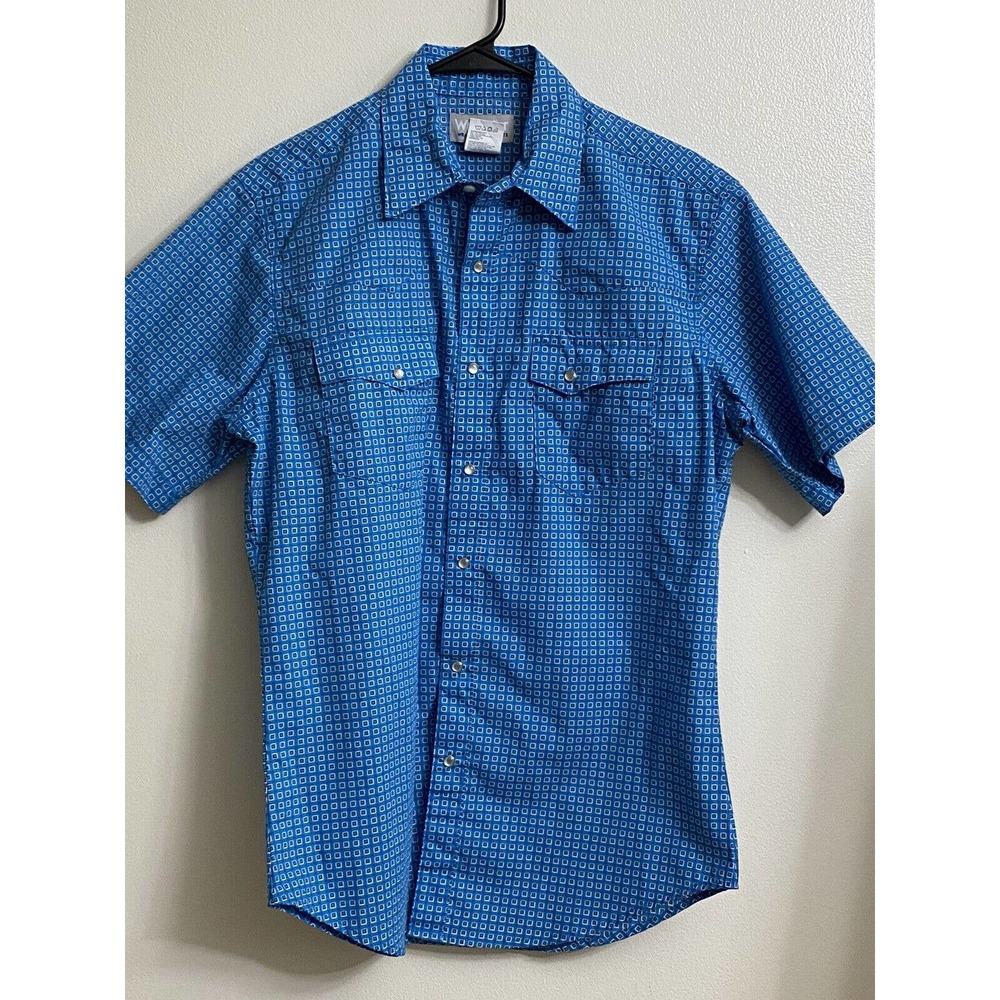 Men's Wrangler Wrancher Shirts Pearl Snap Short Sleeve Western Medium Blue